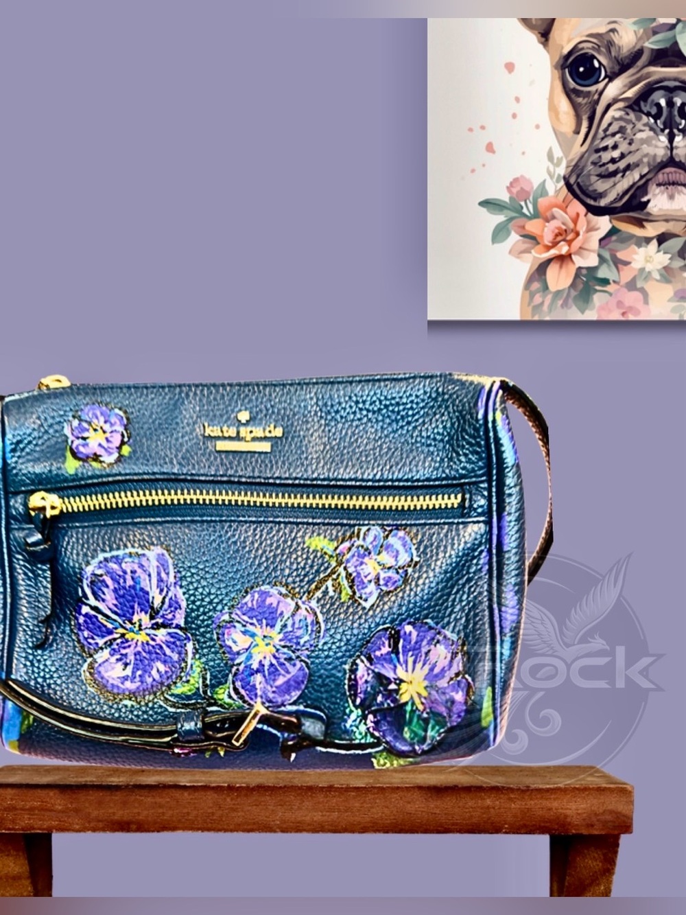 kate spade navy leather floral crossbody with purple accents
